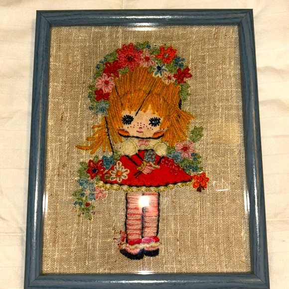 Vintage MCM Crewel Embroidery Barbara Keane's BIG EYES Boy & Girl Pair Art Work - Picture 3 of 11